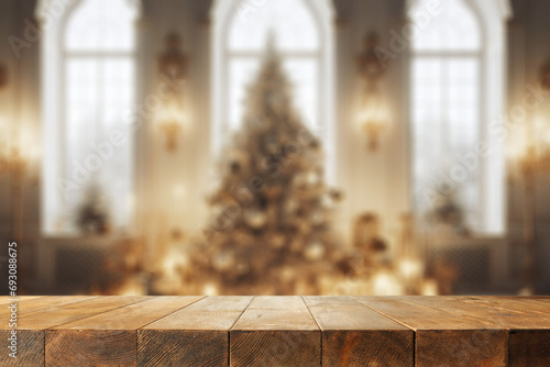 Fotografia Wooden desk of free space and home interior with window and christmas tree