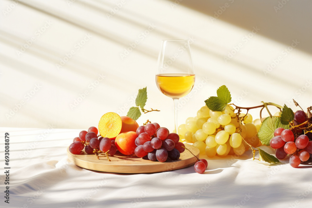 Glass of white wine, grapes and apricots on table in sunlight Glass of white wine, grapes and apricots on table in sunlight