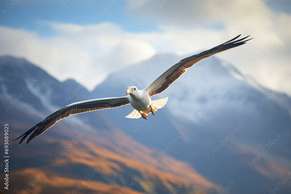 albatross in flight with a mountain backdrop albatross in flight with a mountain backdrop
