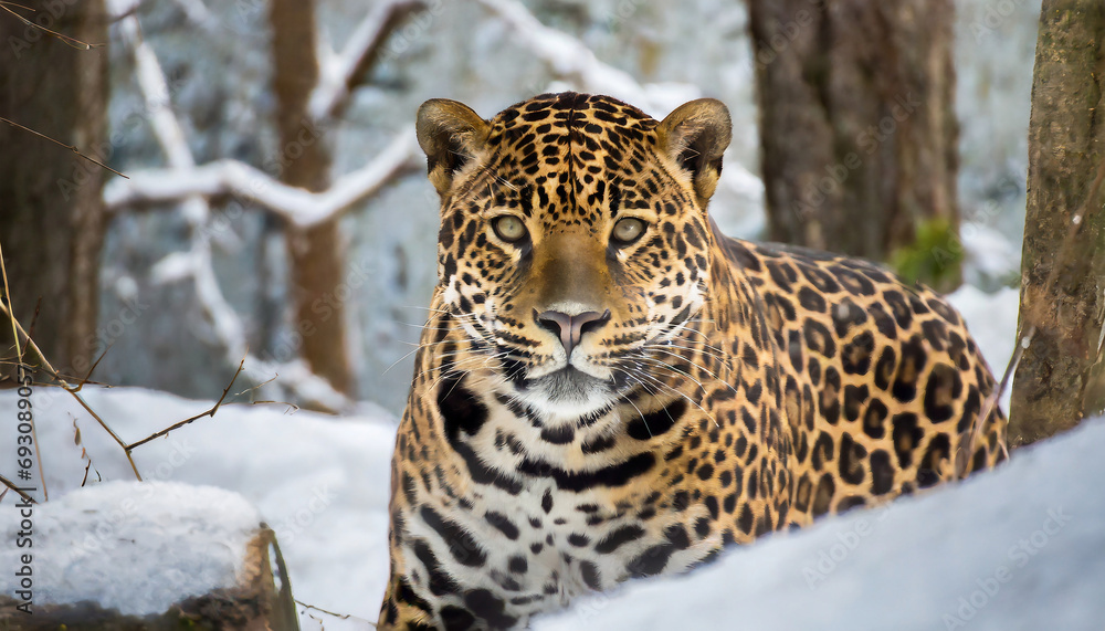 portrait of a jaguar in the snowy forest
portrait of a jaguar in the snowy forest
