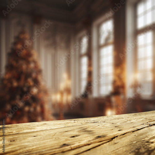 Wooden desk of free space and home interior with window and christmas tree.  © magdal3na