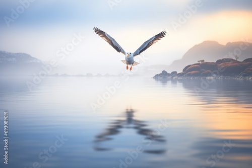 albatross flying through mist over a serene bay