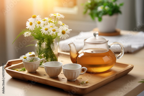 teapot and cups of chamomile tea on wooden tray. Transparent kettle with hot tea on a beautiful background in a room with sunlight from the window 