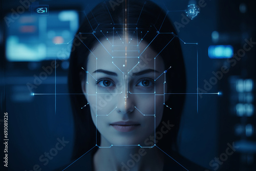Young woman with futuristic HUD. Future technology concept, face scanning 
