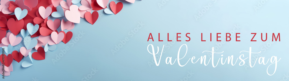 Alles Liebe zum Valentinstag, Banner, Grußkarte, Vorlage mit deutschem Text – Pink und blaue Herzen aus Papier, isoliert auf  Tisch Hintergrund Textur, Draufsicht