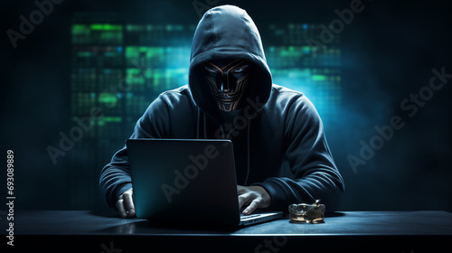 Concept of hacker stealing data from laptop or attempting phishing scams. photo