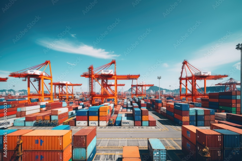 Fototapeta premium Freight futuristic port with containers and cranes