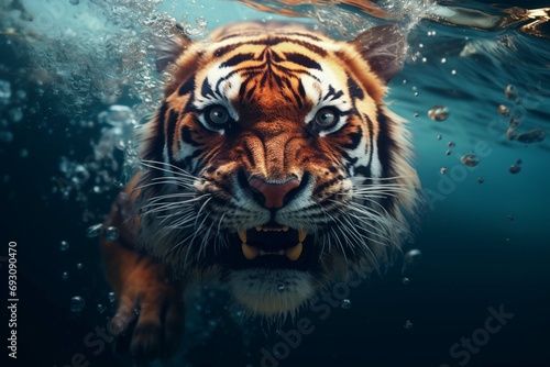 Surprised Tiger underwater. wildlife animal background. Surreal concept art