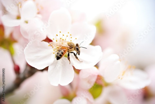 macro shot of bee on cherry blossom