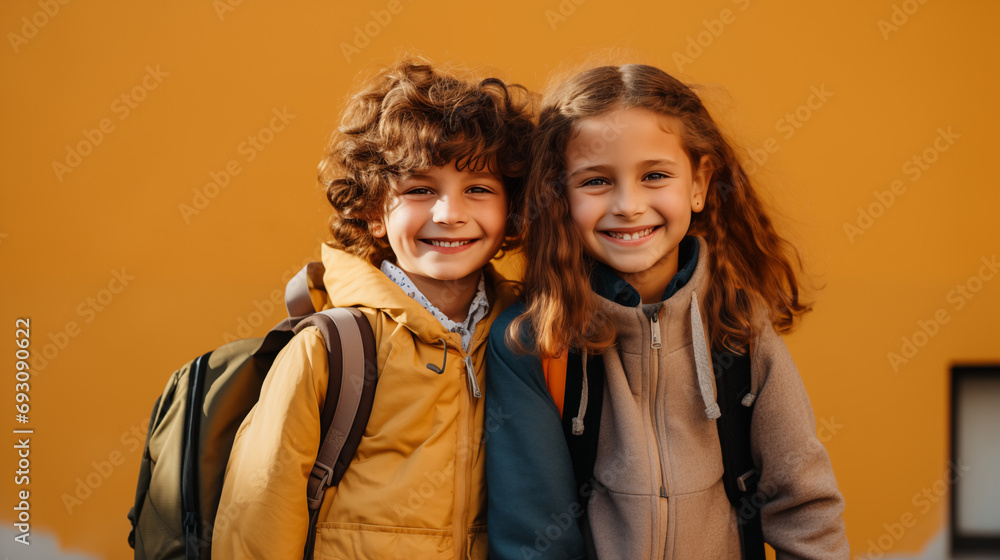 Brother and sister with backpacks on the way to school in the morning. Brother and sister with backpacks on the way to school in the morning.