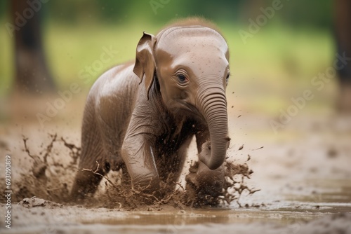bornean elephant calf playing in mud