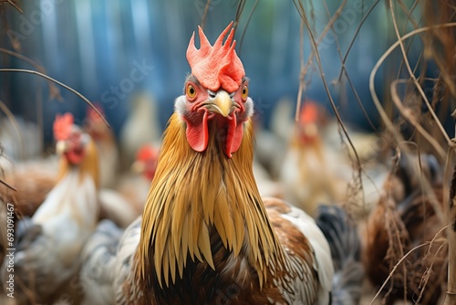 a rooster standing guard as hens peck in hay photo