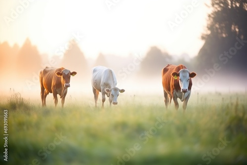 cows in a misty meadow with soft morning light