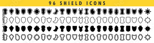 Shield icons big set with contours and linear signs. Collection signs or symbols security and protect. Different shields icon collection. Vector illustration