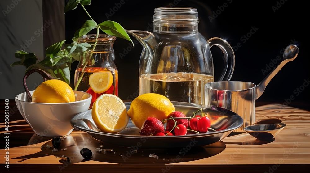 Fruit tea with lemon and strawberries on a wooden table in the kitchen. Fruit tea with lemon and strawberries on a wooden table in the kitchen.