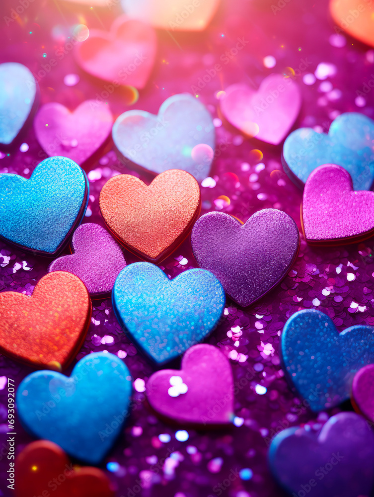 Obraz premium Colorful glitter hearts on sparkling background 