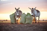 pack donkeys with sacks of grain at sunset