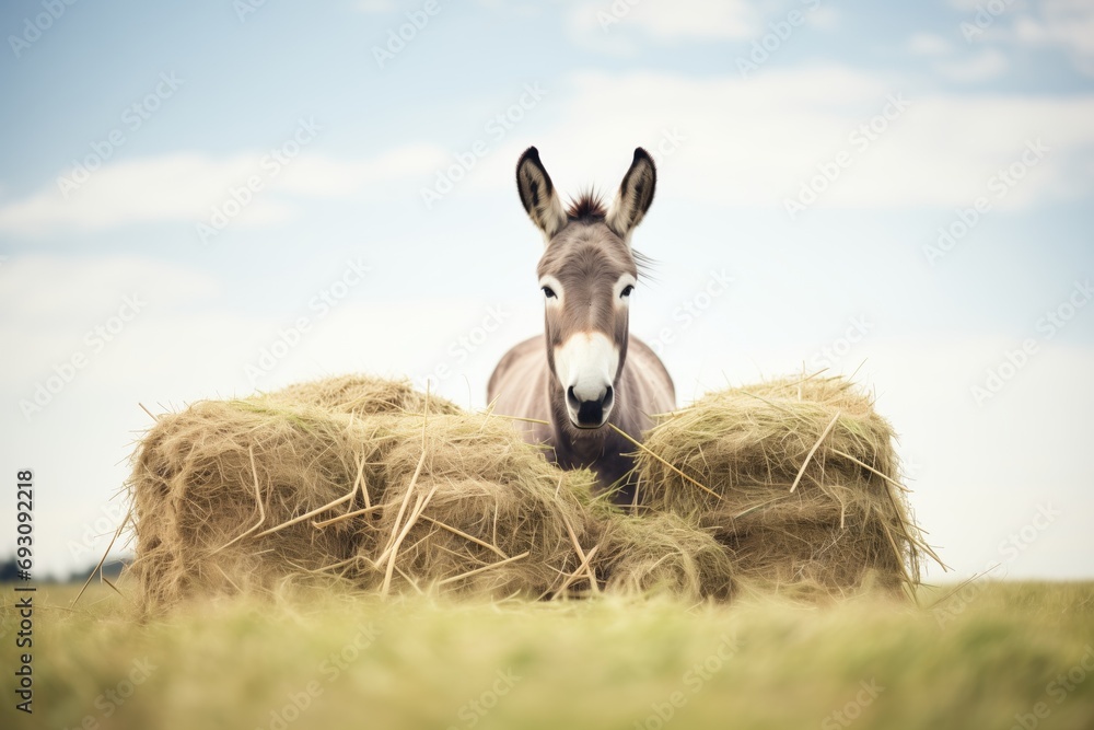 Obraz premium donkey loaded with hay bales in a field