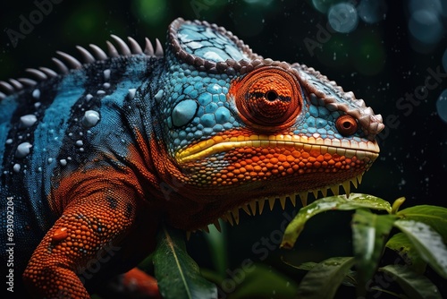 Red and blue chameleon among the leaves and vegetation  Generative AI