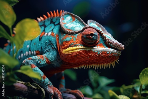 Red and blue chameleon among the leaves and vegetation, Generative AI