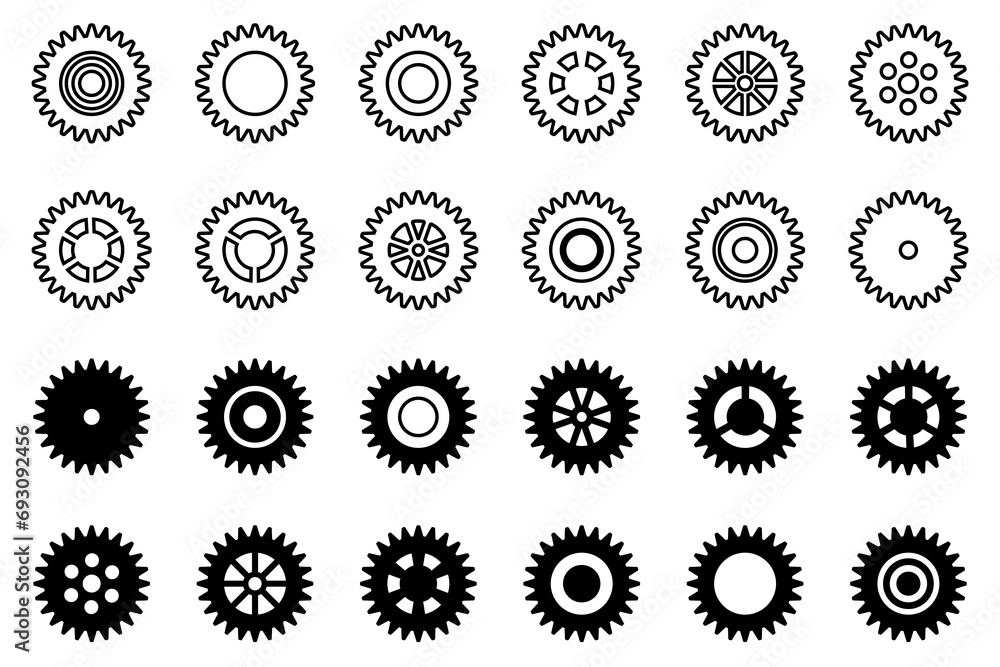 Gears icon set. Setting gears icon. Collection of mechanical cogwheels. White background. Vector illustration with black sprocket sign icons design element.