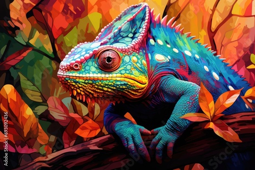 Colorful chameleon among colorful foliage, Generative AI