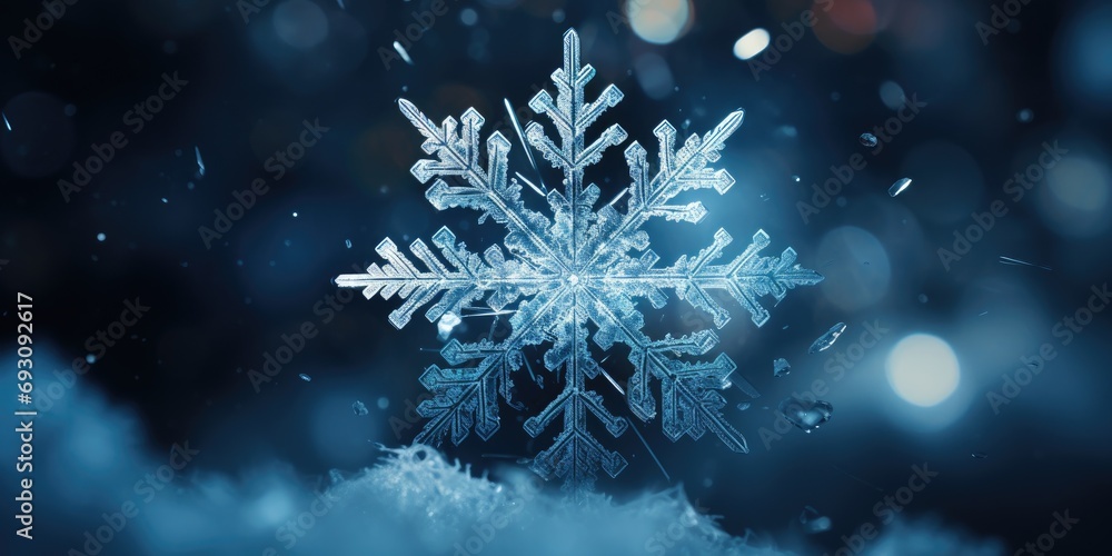 A snowflake on a blue background with blurred lights, Christmas background, Generative AI A snowflake on a blue background with blurred lights, Christmas background, Generative AI