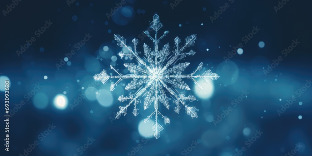 A snowflake on a blue background with blurred lights, Christmas background, Generative AI A snowflake on a blue background with blurred lights, Christmas background, Generative AI