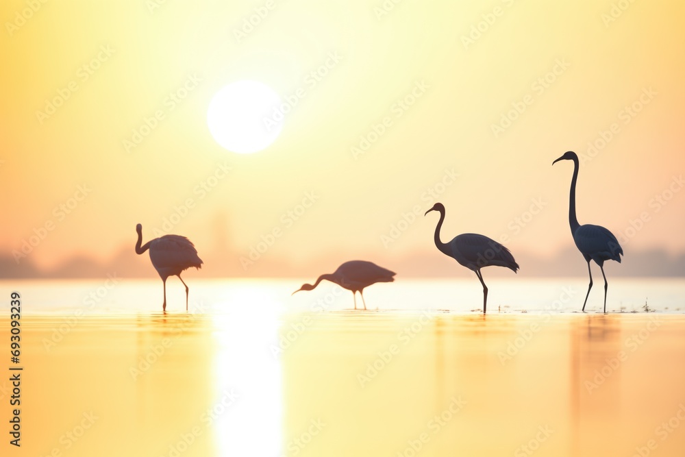 Naklejka premium silhouette of flamingos in water during sunrise