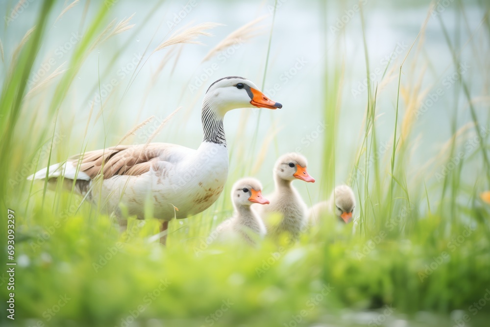 peaceful geese family amidst wild grass in breeze peaceful geese family amidst wild grass in breeze