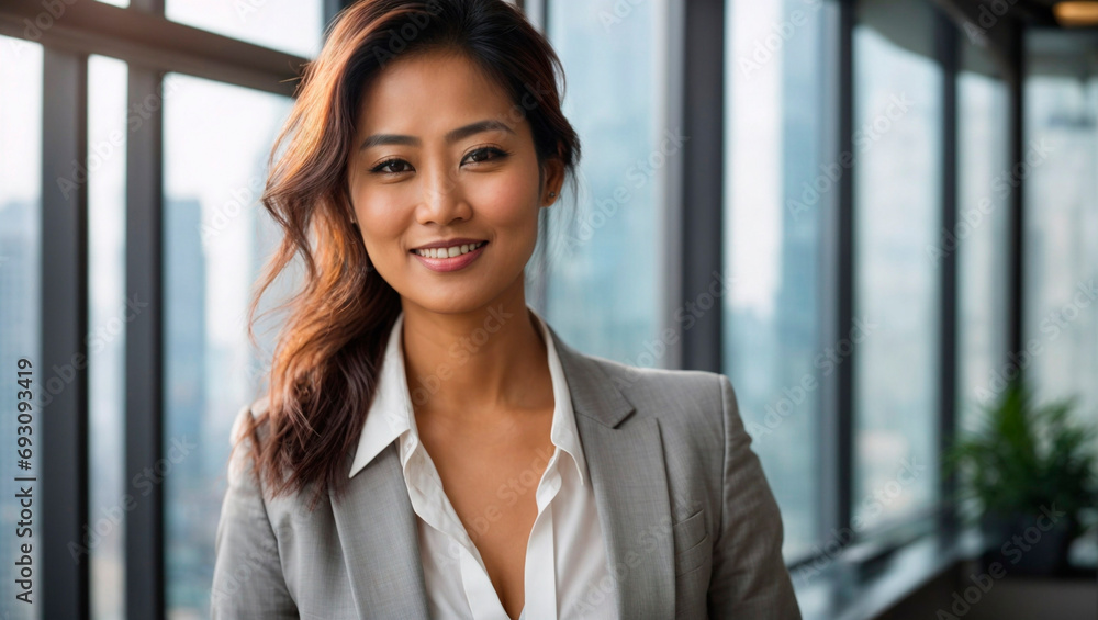 Close Up Beautiful Portrait of asiatic Businesman in Big City Office with Skyscrapers. Female CEO Smiling And Looking At Camera Close Up Beautiful Portrait of asiatic Businesman in Big City Office with Skyscrapers. Female CEO Smiling And Looking At Camera