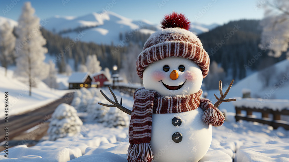Fototapeta premium Snowman in Red and White Hat and Scarf on Winter Frosty Snowy Holiday Background.