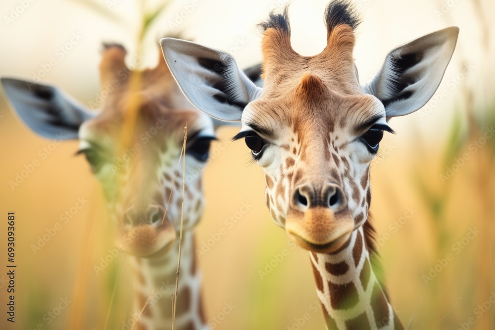 Obraz premium close shot of giraffes face while grazing