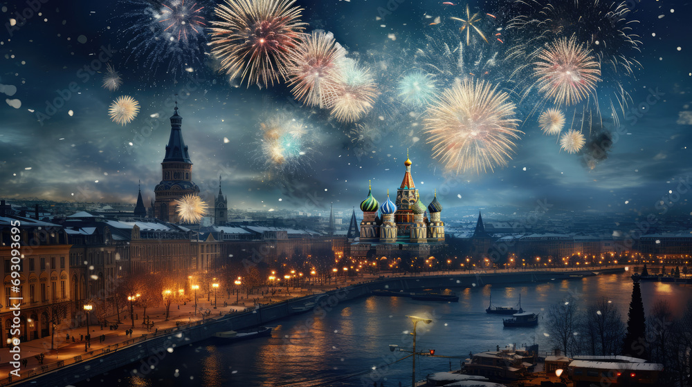 Obraz na płótnie Fireworks over city landscape, background, photorealistic, New Year's eve concept w salonie