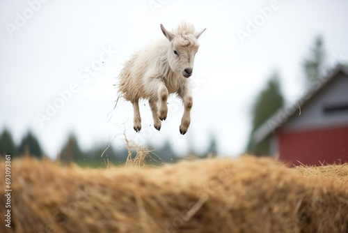 pygmy goat jumping off a small haystack photo