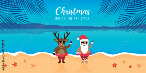cute santa and deer with sunglasses on paradise beach summer christmas holiday vector illustration EPS10