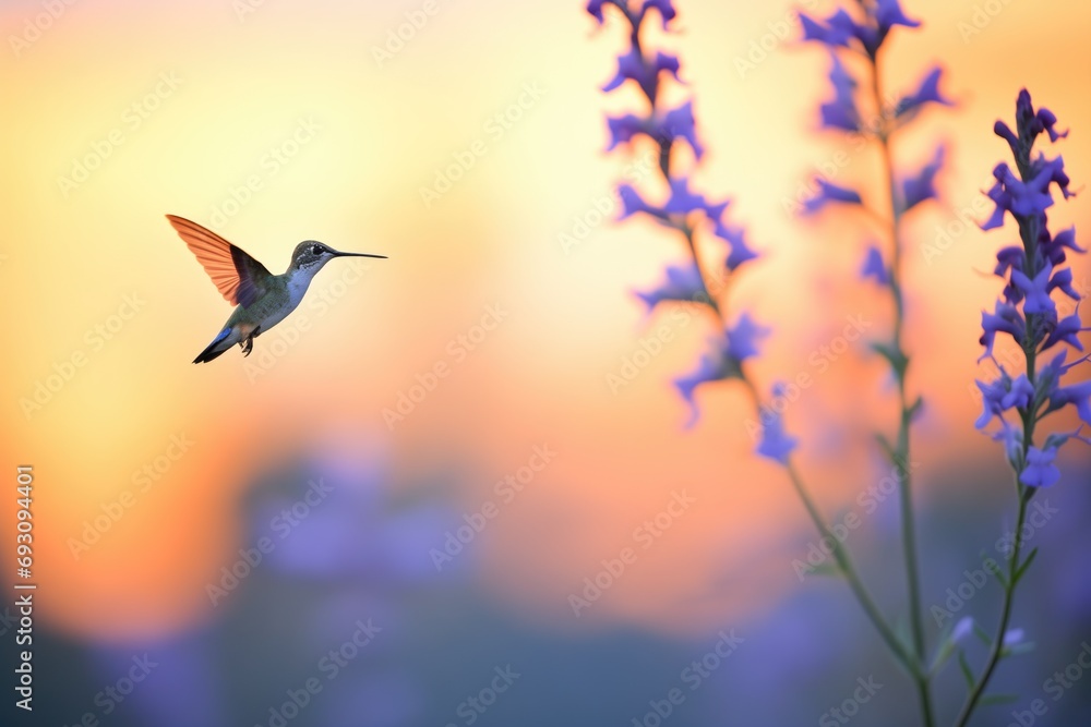 Fototapeta premium silhouette of a hummingbird against a sunset, near a lavender bush