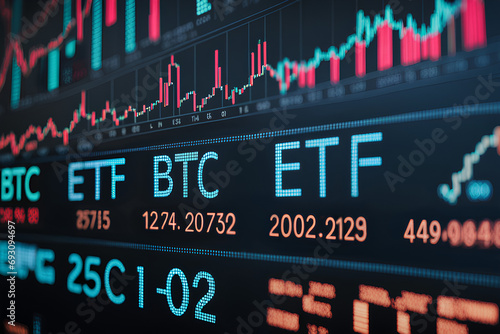 Bitcoin trading live on a stock market after IPO. Spot BTC ETF ticker symbol on a electronic exchange board displaying info and data on price of the crytocurrency for investor to make an investment. 