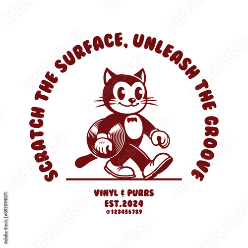 vintage cartoon character of a cat holding a vinyl disc. Music streaming service icon, recording store logo. Retro comic style design