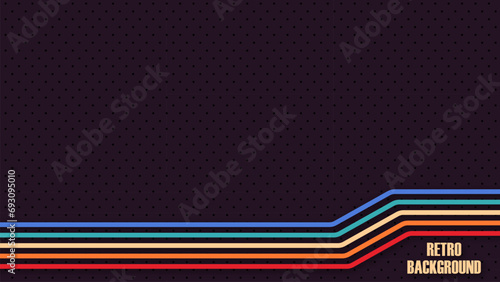 Abstract perforated retro vintage background with colored lines. Design in futuristic 1970's 1980's 1960's era line frame retro style. Vector funky illustration.