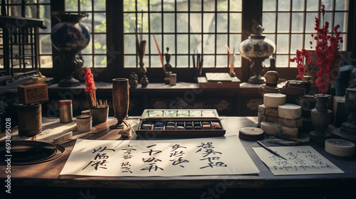a traditional Asian calligraphy setup with brushes, ink, and paper displaying written characters. A serene setting with calligraphy and painting tools arranged on a wooden table. photo