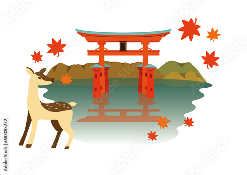 厳島神社　紅葉と鹿のイラスト