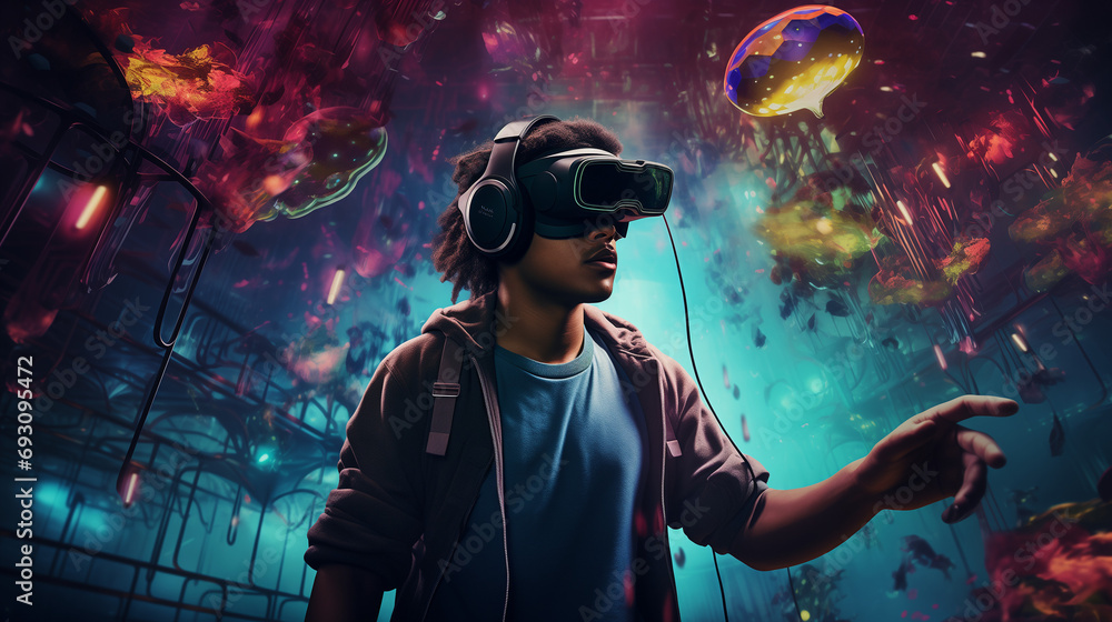 a person engaged in a virtual reality (VR) experience. The scene is filled with bright, abstract shapes and floating objects resembling jellyfish. Neon lights and dark spaces create a surreal setting. a person engaged in a virtual reality (VR) experience. The scene is filled with bright, abstract shapes and floating objects resembling jellyfish. Neon lights and dark spaces create a surreal setting.