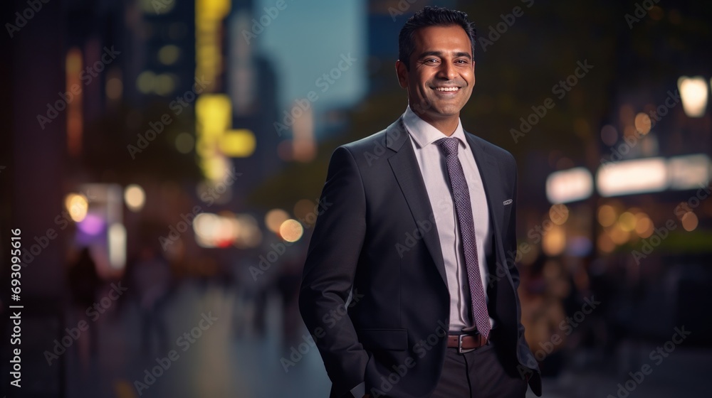 Happy wealthy rich successful indian business man standing in big city modern,