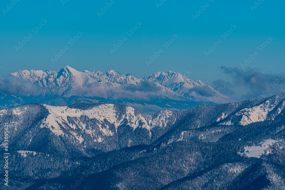 High Tatras mountains from Ploska hill in winter Velka Fatra mountains