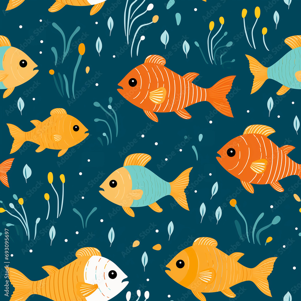 Abstract drawn seamless pattern with colorful fish and aquatic plants