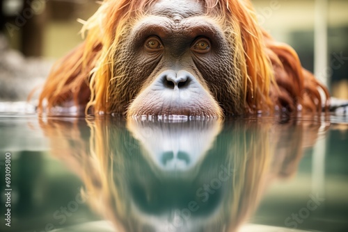 reflection of orangutan in clear rainforest pool