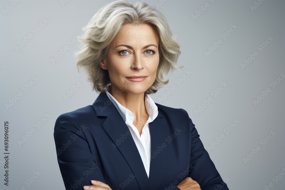 Confident stylish mature middle aged woman on gray background. Stylish older senior businesswoman, 60s gray-haired lady executive leader manager looking at camera in office, portrait. Confident stylish mature middle aged woman on gray background. Stylish older senior businesswoman, 60s gray-haired lady executive leader manager looking at camera in office, portrait.