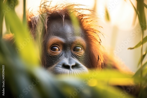 orangutan peering through leaves at sunrise