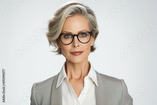 Confident stylish mature middle aged woman on gray background. Stylish older senior businesswoman, 60s gray-haired lady executive leader manager looking at camera in office, portrait.
